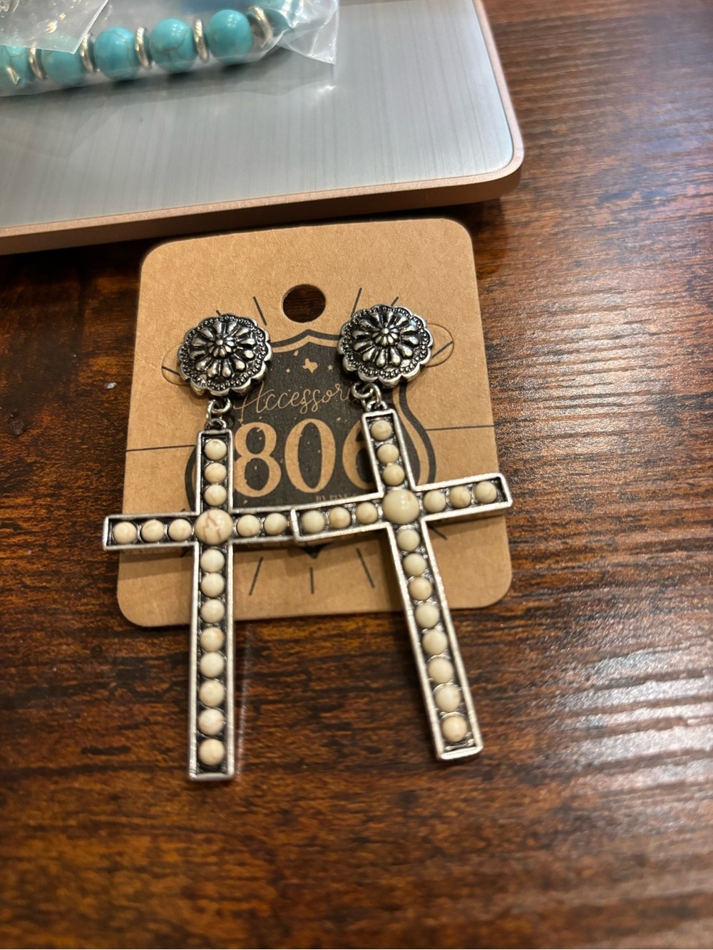 Ivory Beaded Cross Drop Earrings